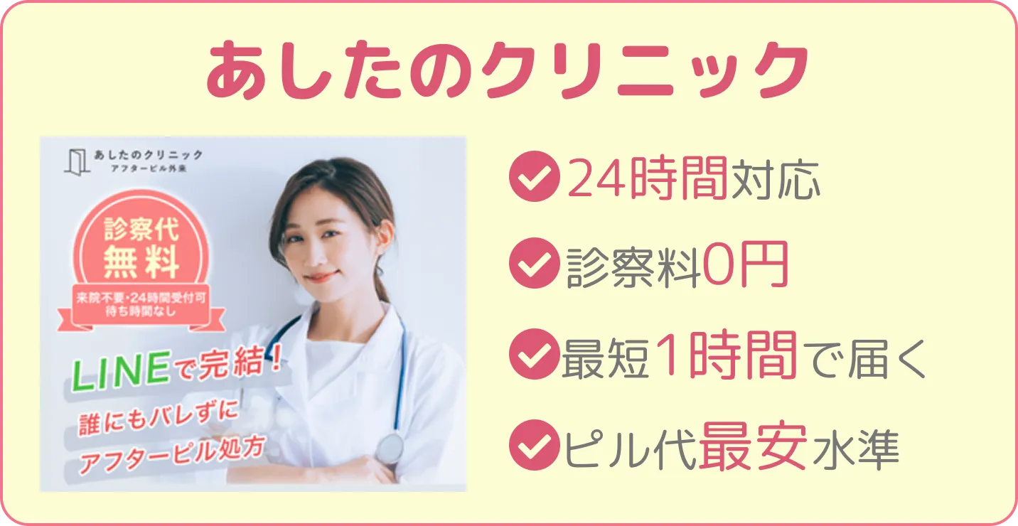 あしたのクリニック 9:00~深夜2:00対応・診察料0円・最短1時間で届く・ピル代最安水準